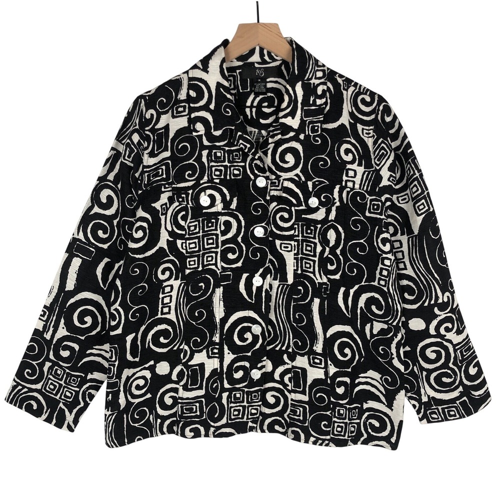 iOS Silk  & Linen Abstract Jacket Women's Sz M Black‎ Ivory Artsy Textured EUC